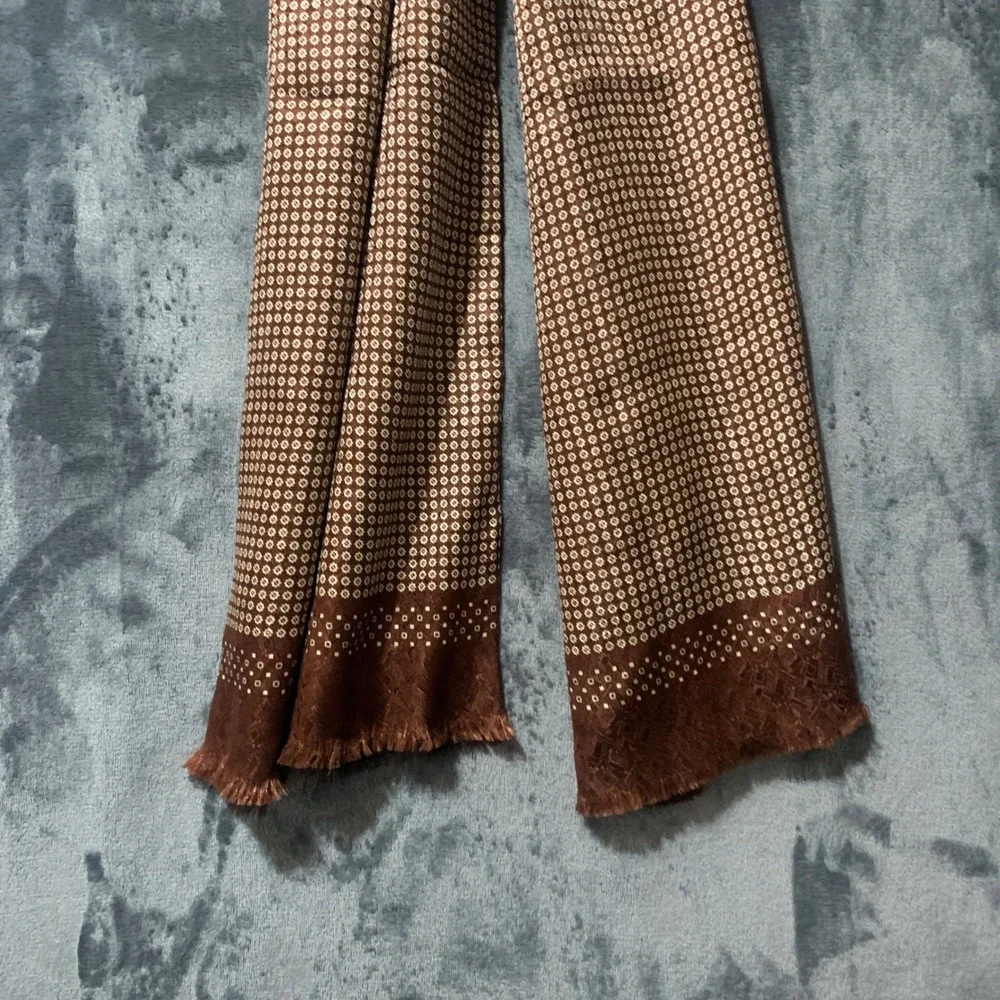 Scarf Mens Silk Wool Double Sided Brown Geometric Medallion Italy Quiet Luxury